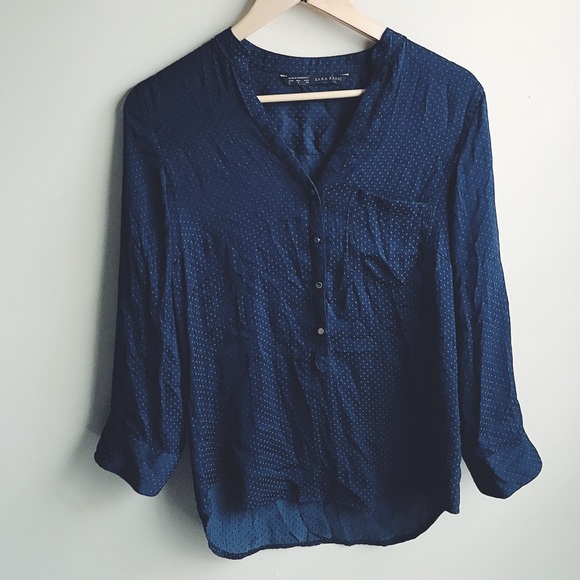 Zara Tops - Zara Basic Navy Blue Dotted Button Down Blouse, S